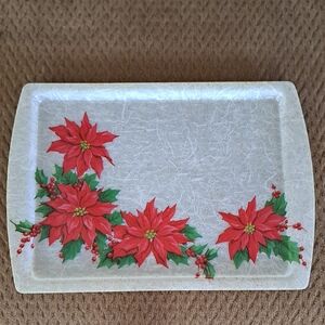 Vintage Pointsettia & Holly Berries Holiday Serving Tray 17" wide x 12" high